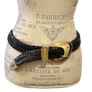 Vintage Captiva Black Braided Leather Belt with Statement Gold Buckle Large